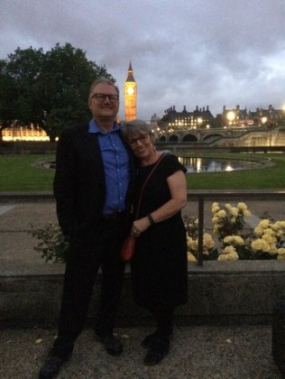 Me and my husband Steve Marsh, Secretary of the Appeal, as the sun goes down on Westminster